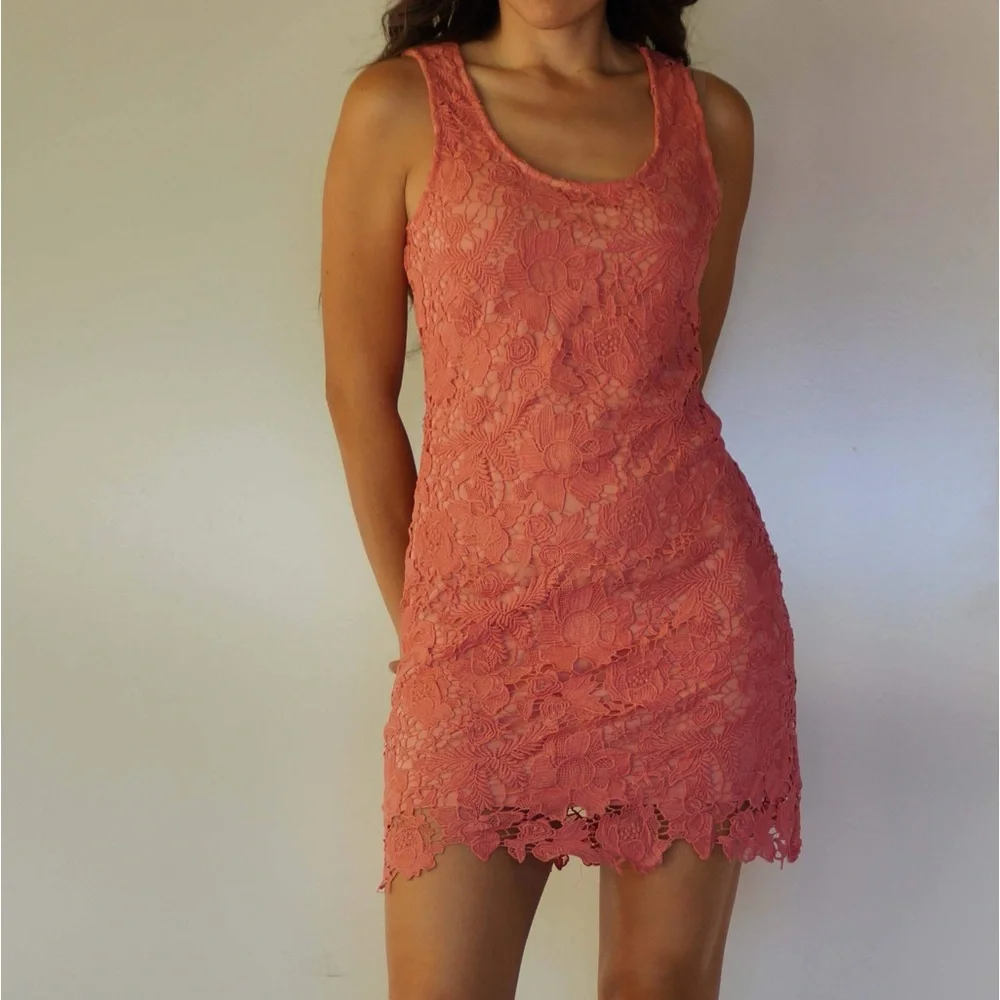 Coral Sleeveless Crochet Dress Sheath Spring Summer Dress Size S - Picture 1 of 7